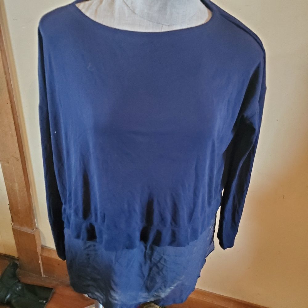 Eileen Fisher blue silk sheer bottom blouse sz XS